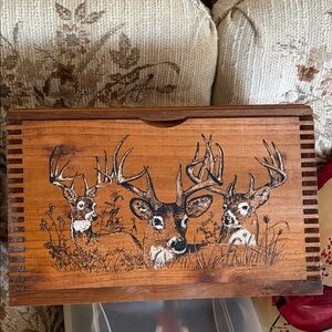 Wooden Deer Box with Hand-Drawn Buck Trio